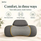 neck massager pillow in dark grey fabric with a honeycomb-patterned centre panel, orange trim and raised headrest