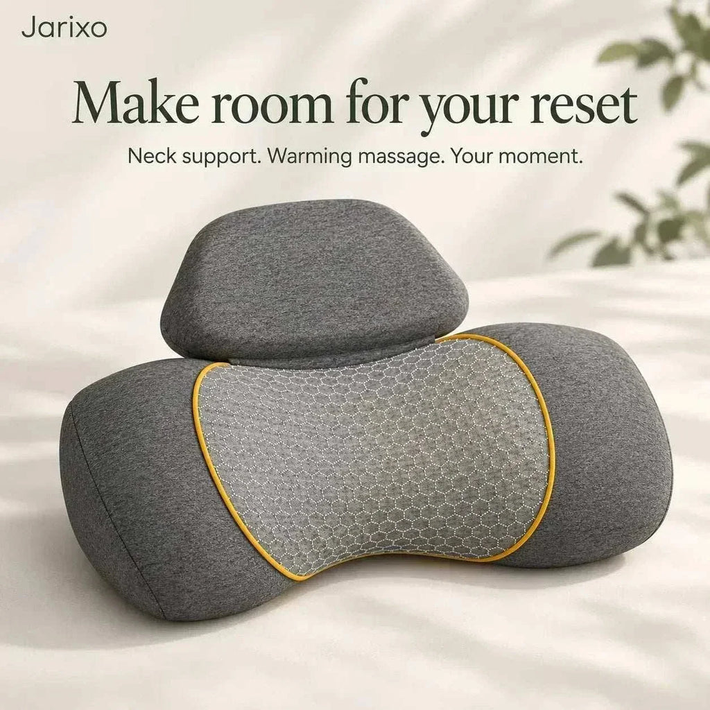 Neck massager pillow in grey fabric with a textured mesh centre, yellow piping and a separate raised neck support