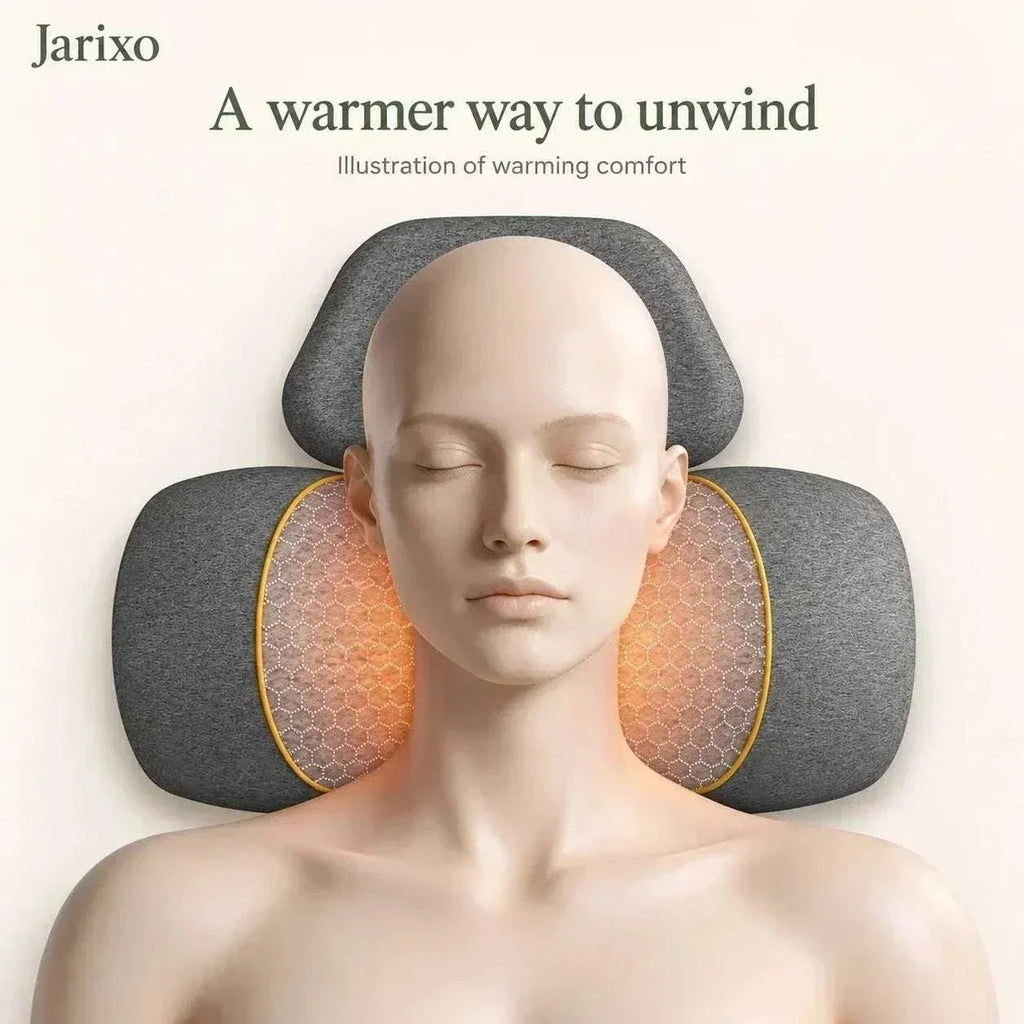 Neck massager pillow in dark grey fabric with yellow piping and glowing honeycomb-patterned warming panels beside a headrest
