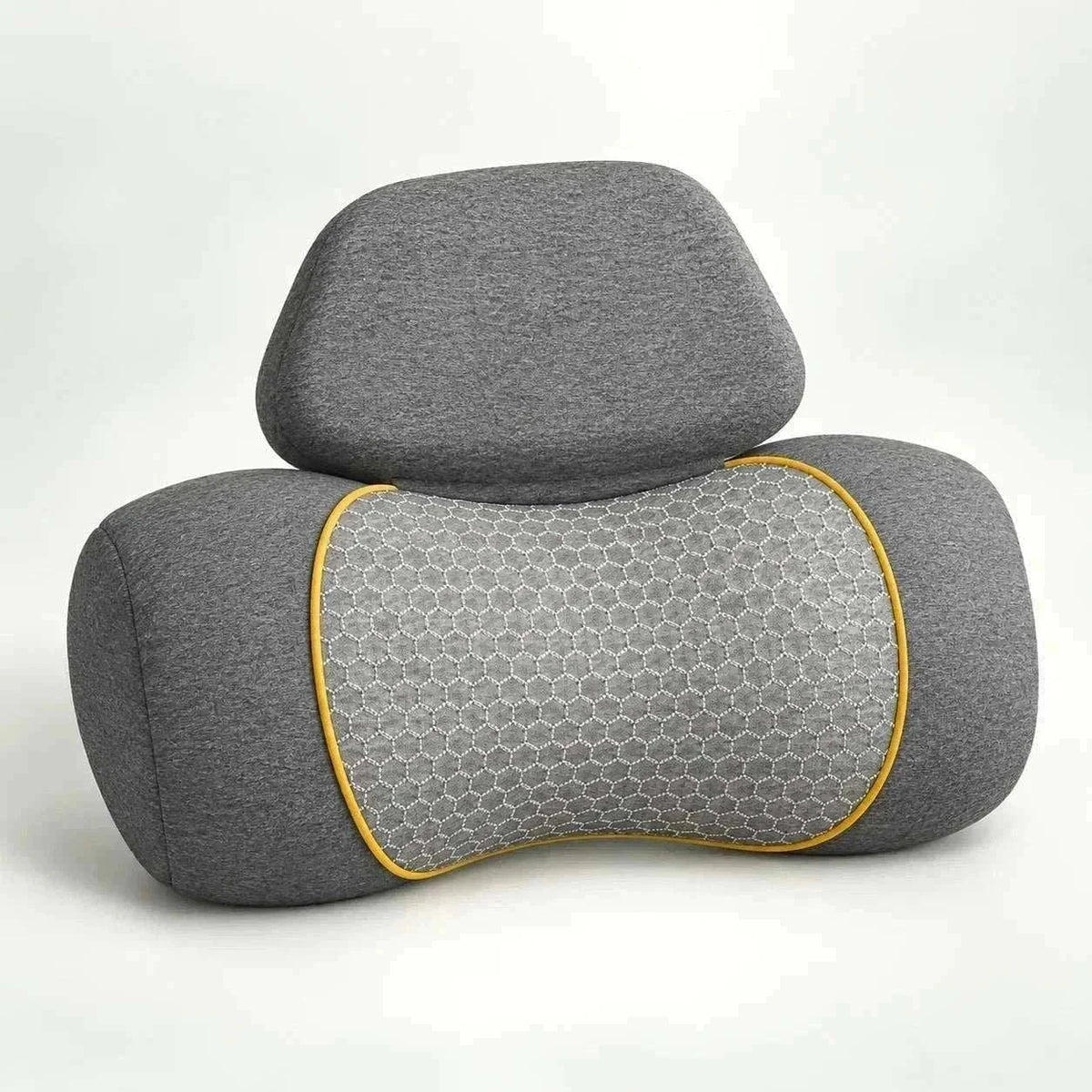 neck massager pillow in charcoal grey fabric with a honeycomb-patterned center panel, yellow trim and removable headrest Main image