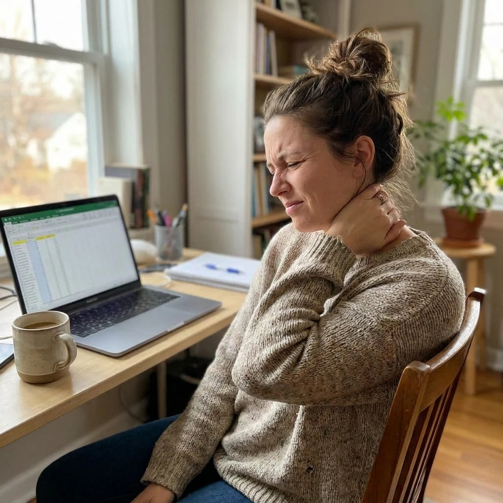 A woman sitting in a wooden chair at a desk, holding her neck in discomfort. She is wearing a beige knit sweater and has an open laptop, a mug, and notebooks on the desk in a home office setting.